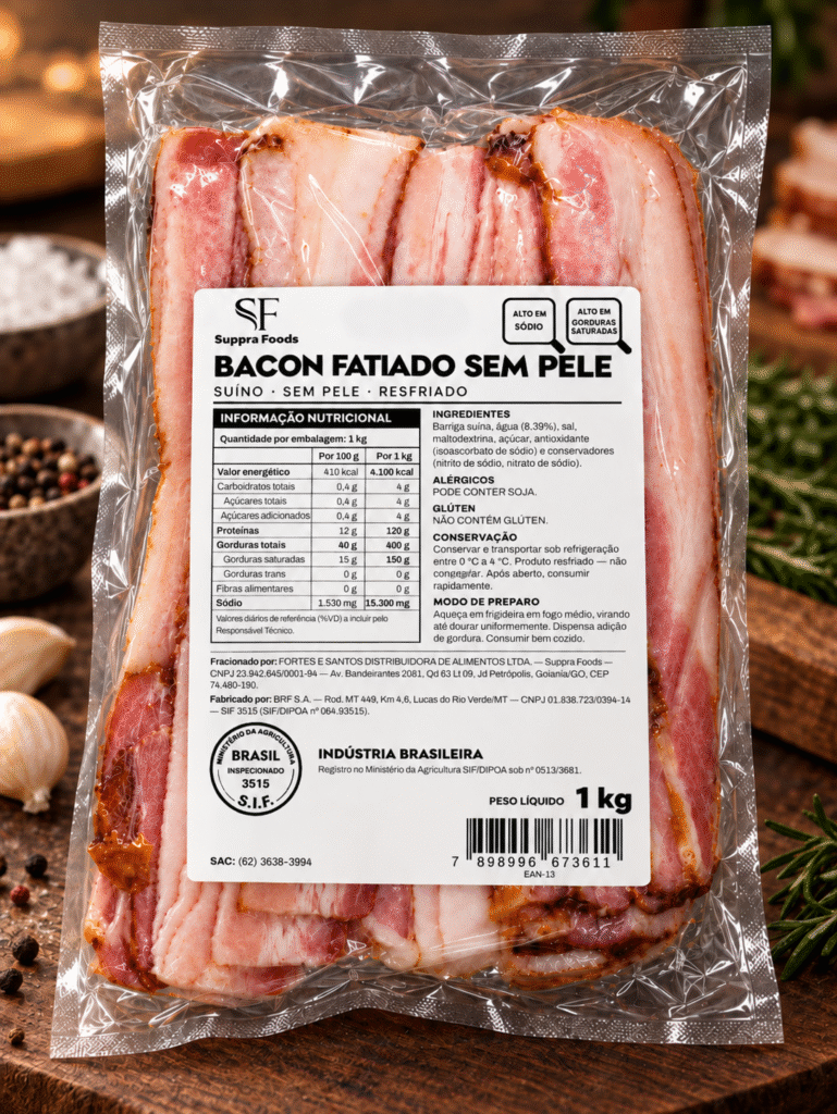 Bacon fatiado sem pele porcionado pela Suppra Foods